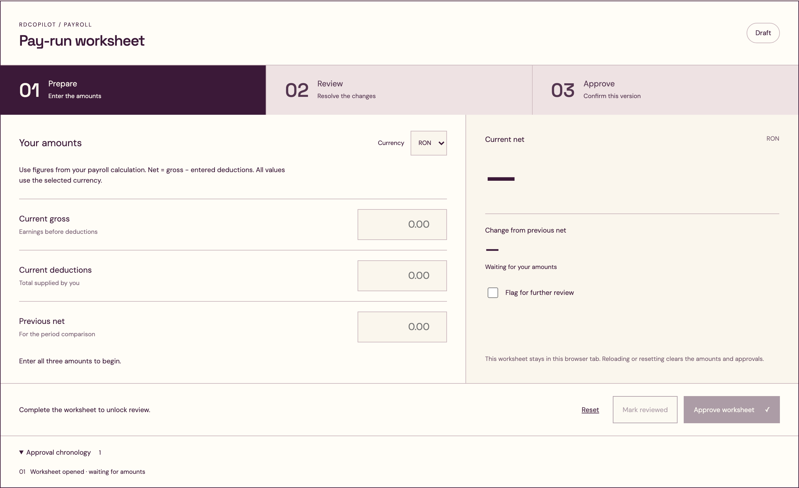 Payroll review worksheet with amount inputs and approval steps.